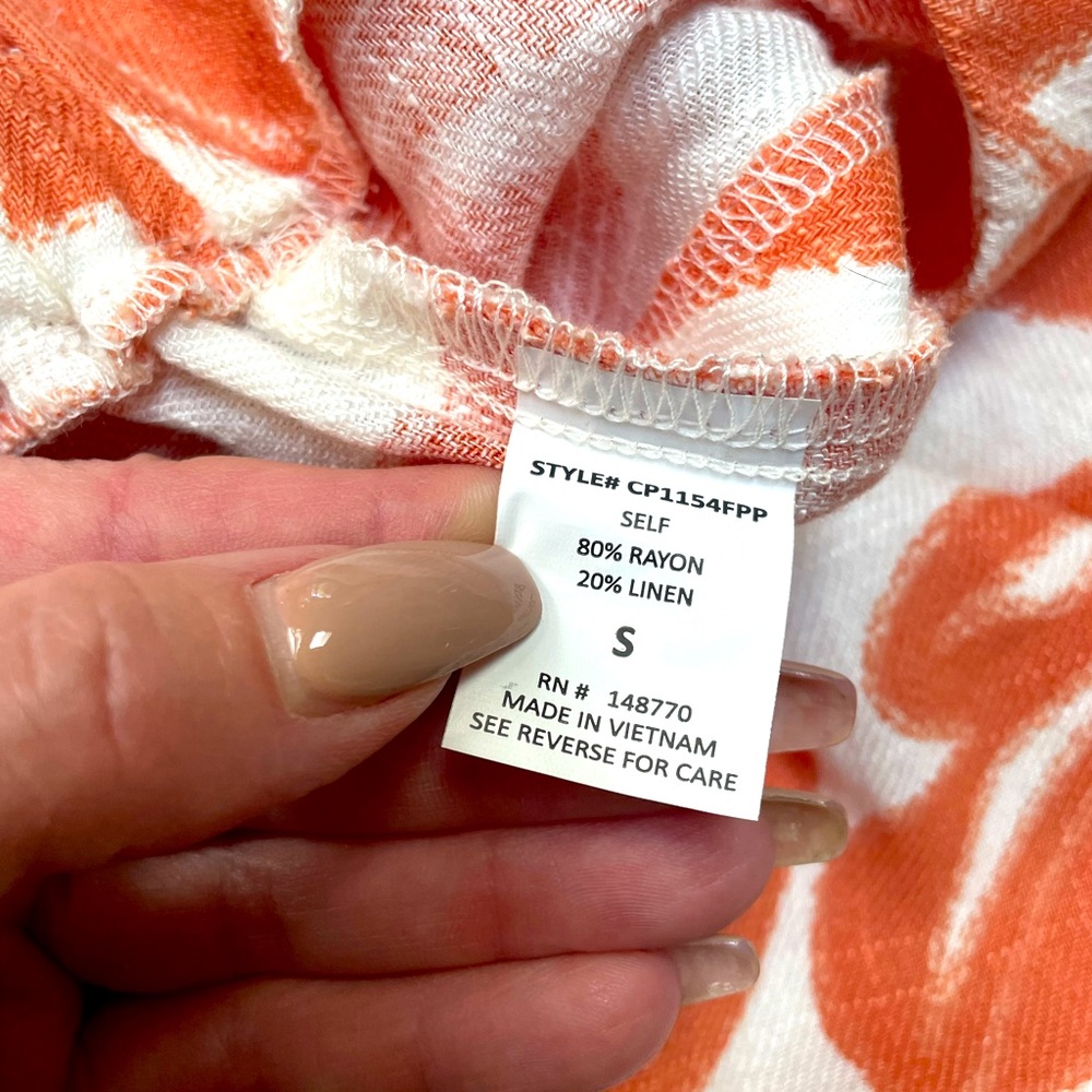Orange and White Leaf Print Women's Linen Blend Pants - Picture 9 of 9